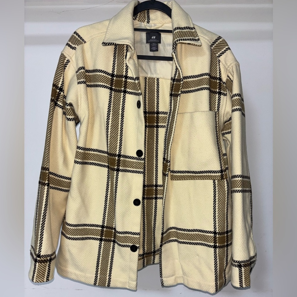 H&M Cream and Brown Plaid Utility Jacket